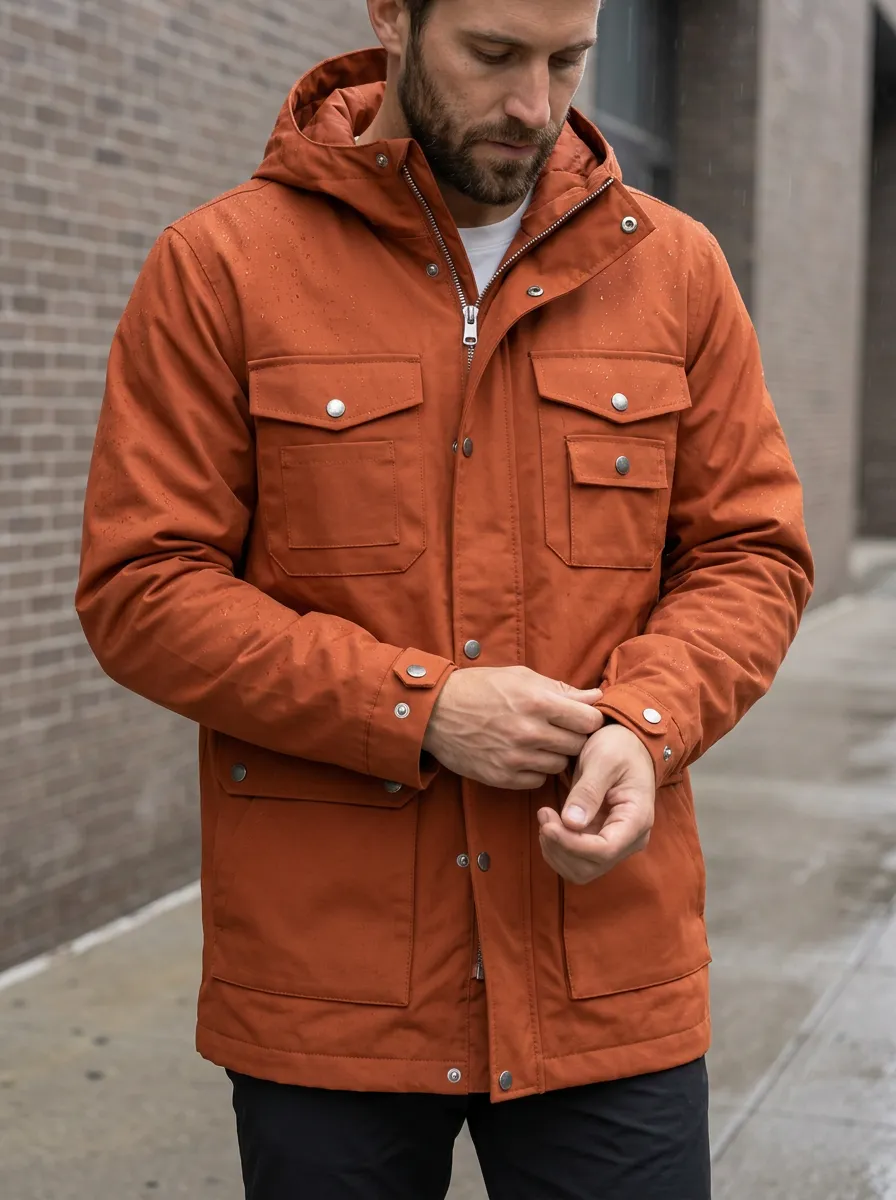 Men's Rust Orange Hooded Waterproof Jacket with a Hood