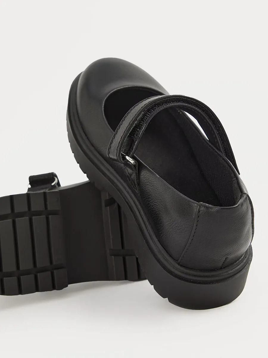 Black Leather Look Chunky Mary Jane School Shoes