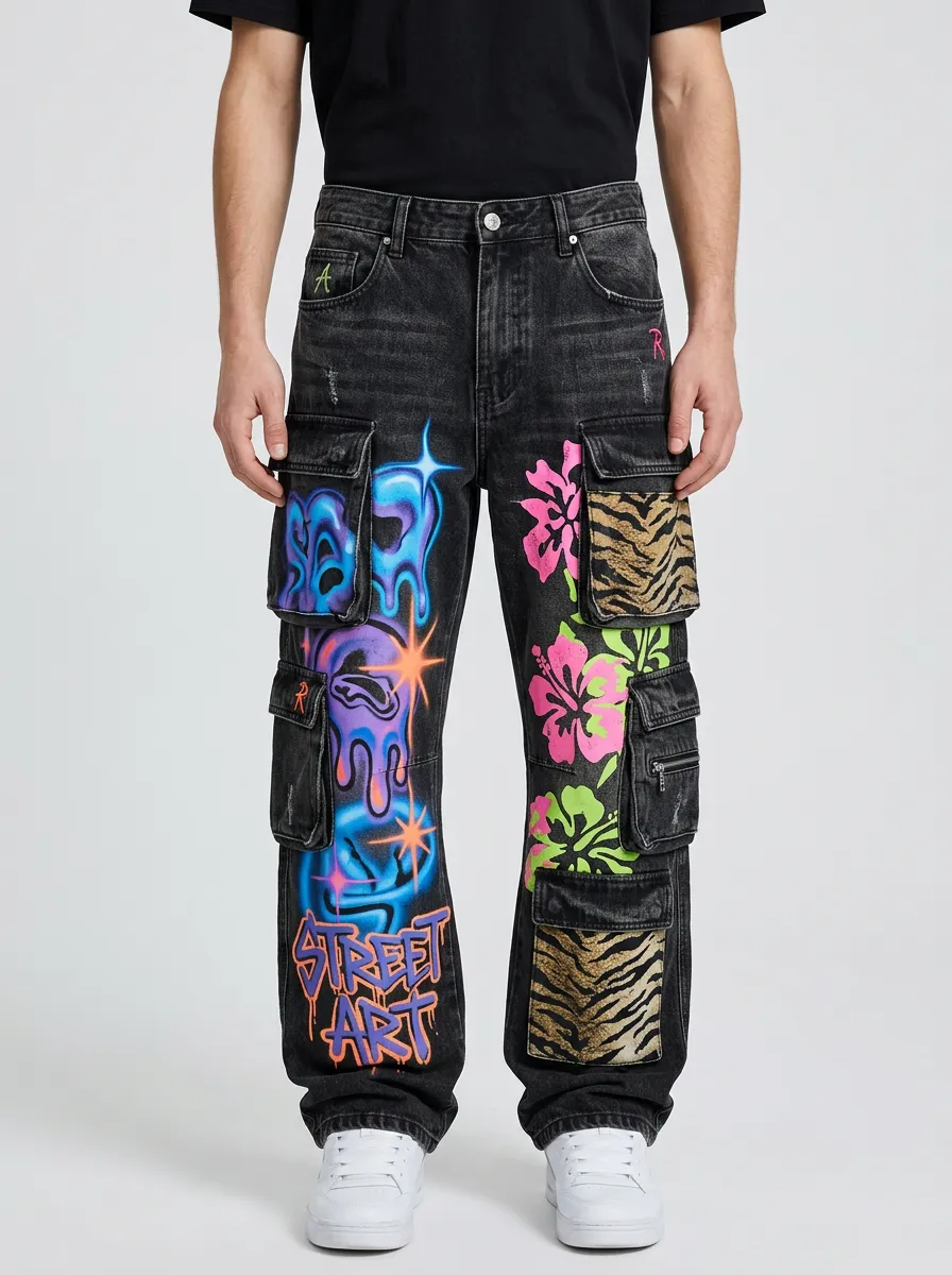 Men's Streetwear Graffiti Hibiscus Tiger Print Graphic Cargo Jeans