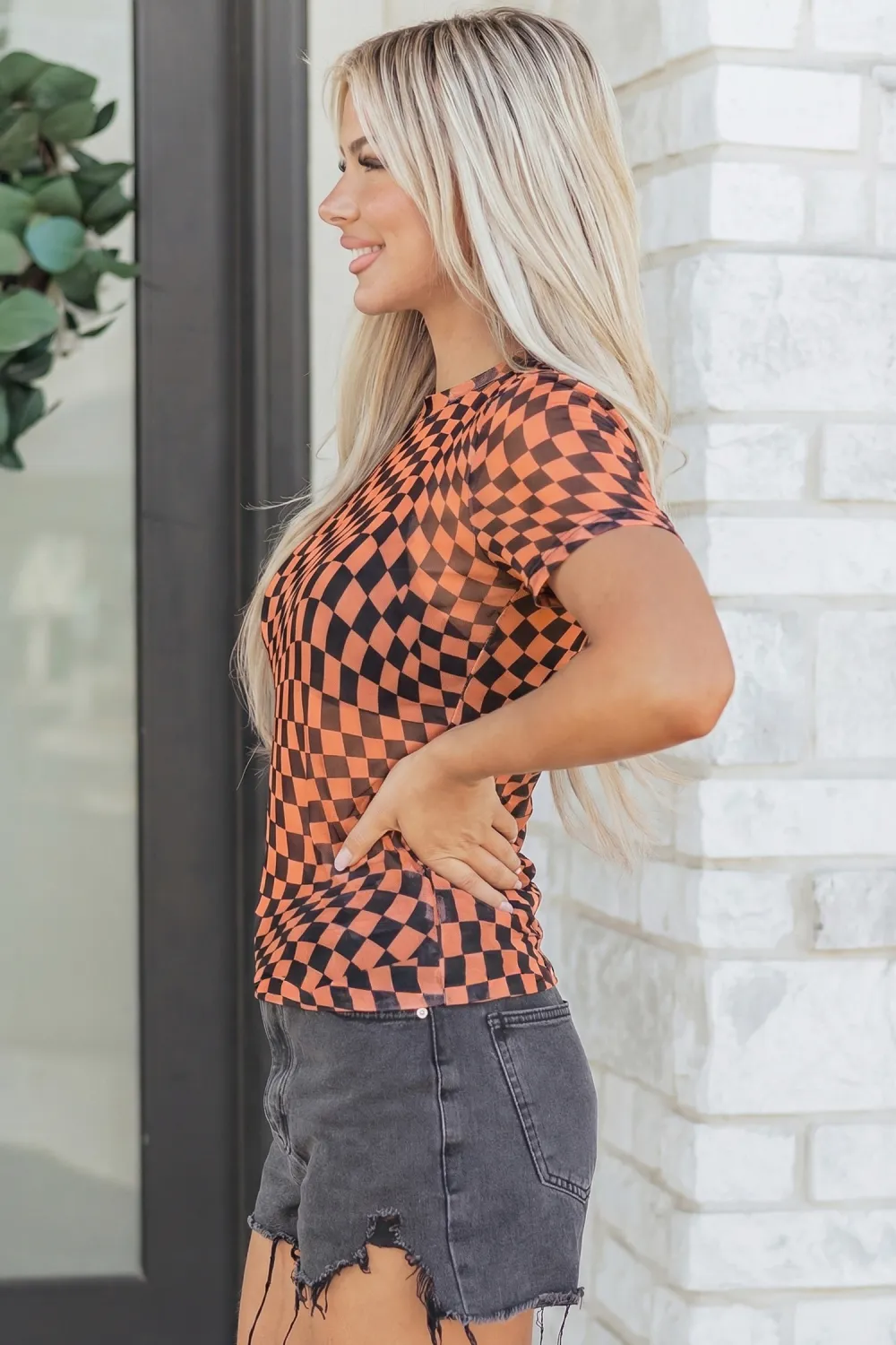 Orange Checkered Print Crew Neck Tee