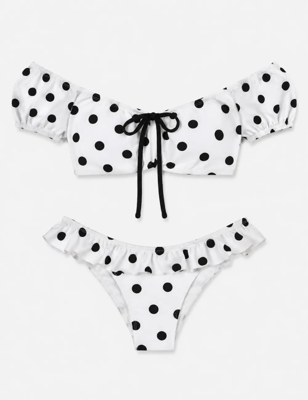 Polka Dots Puffed Short Sleeves Bikini Set