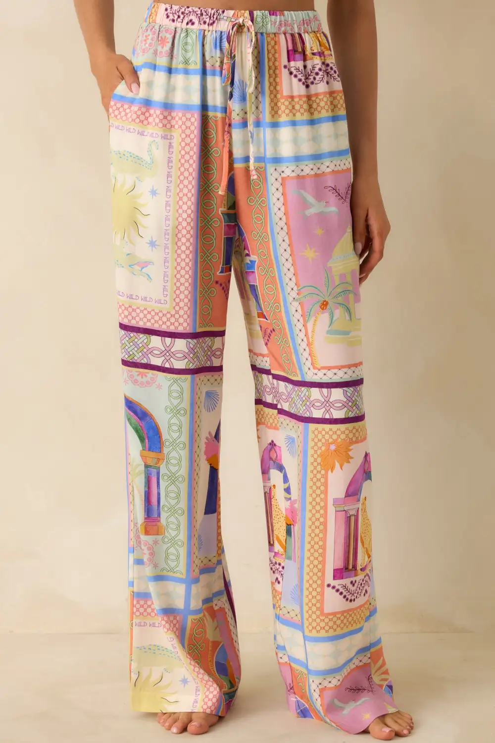 Elysia Multi Tropical Tile Print Drawstring Pants