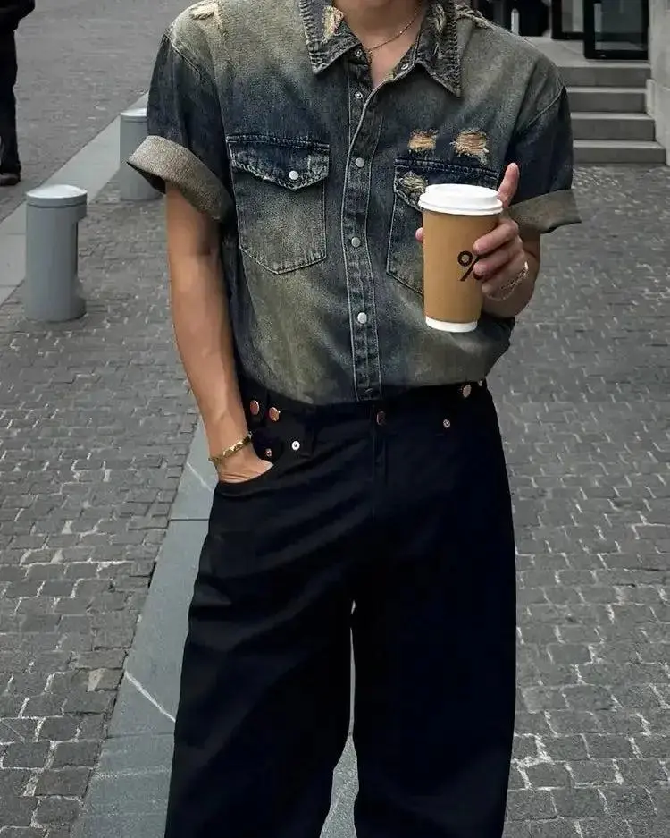 Distressed Faded Flap Pocket Denim Shirt