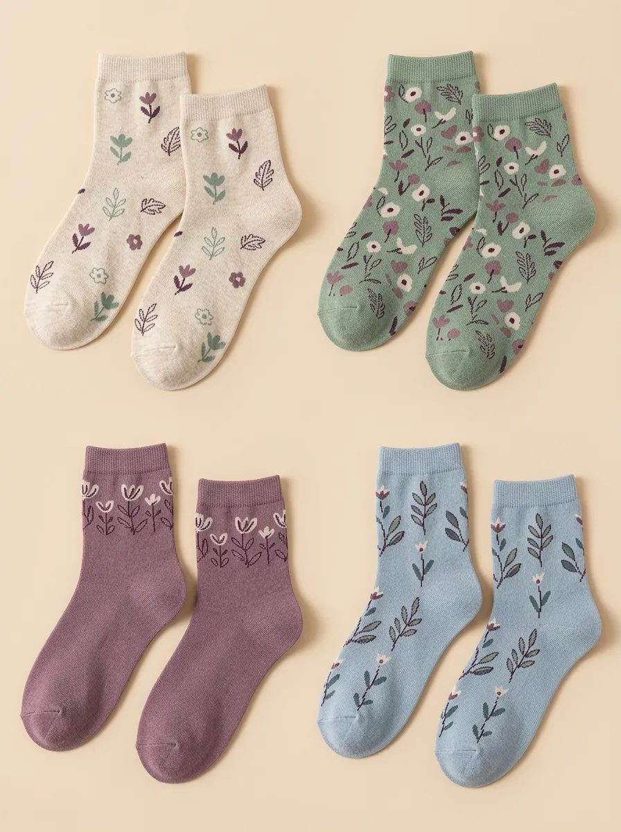 Women's Botanical Leaf Mid-Calf Crew Socks Four Pair Set