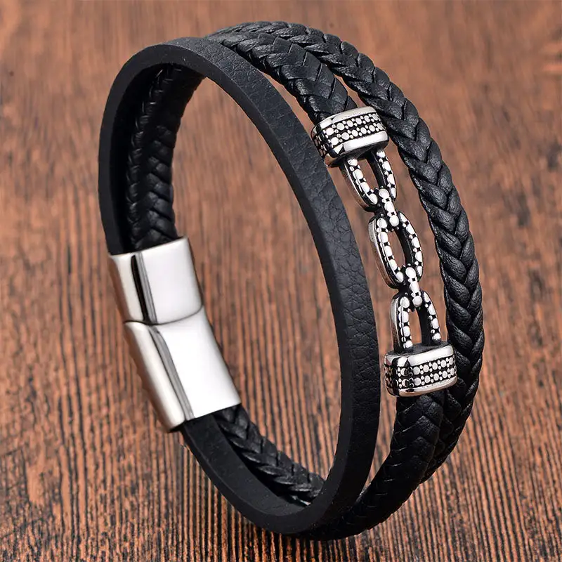 Handmade Chain Link Design Titanium Steel Leather Bracelet