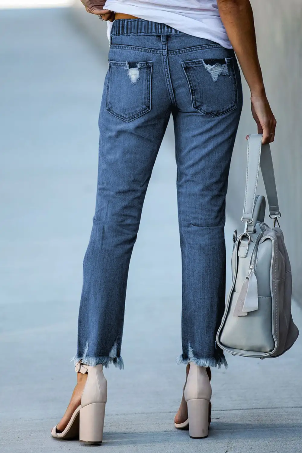 Mid-Rise Raw-Hem Ripped Elastic-Waist Straight Leg Jeans