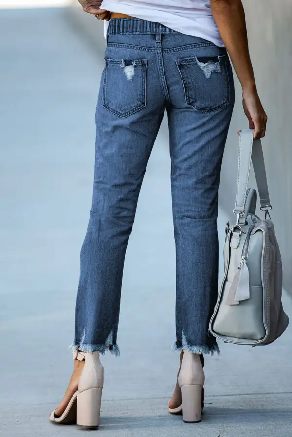 Mid-Rise Raw-Hem Ripped Elastic-Waist Straight Leg Jeans