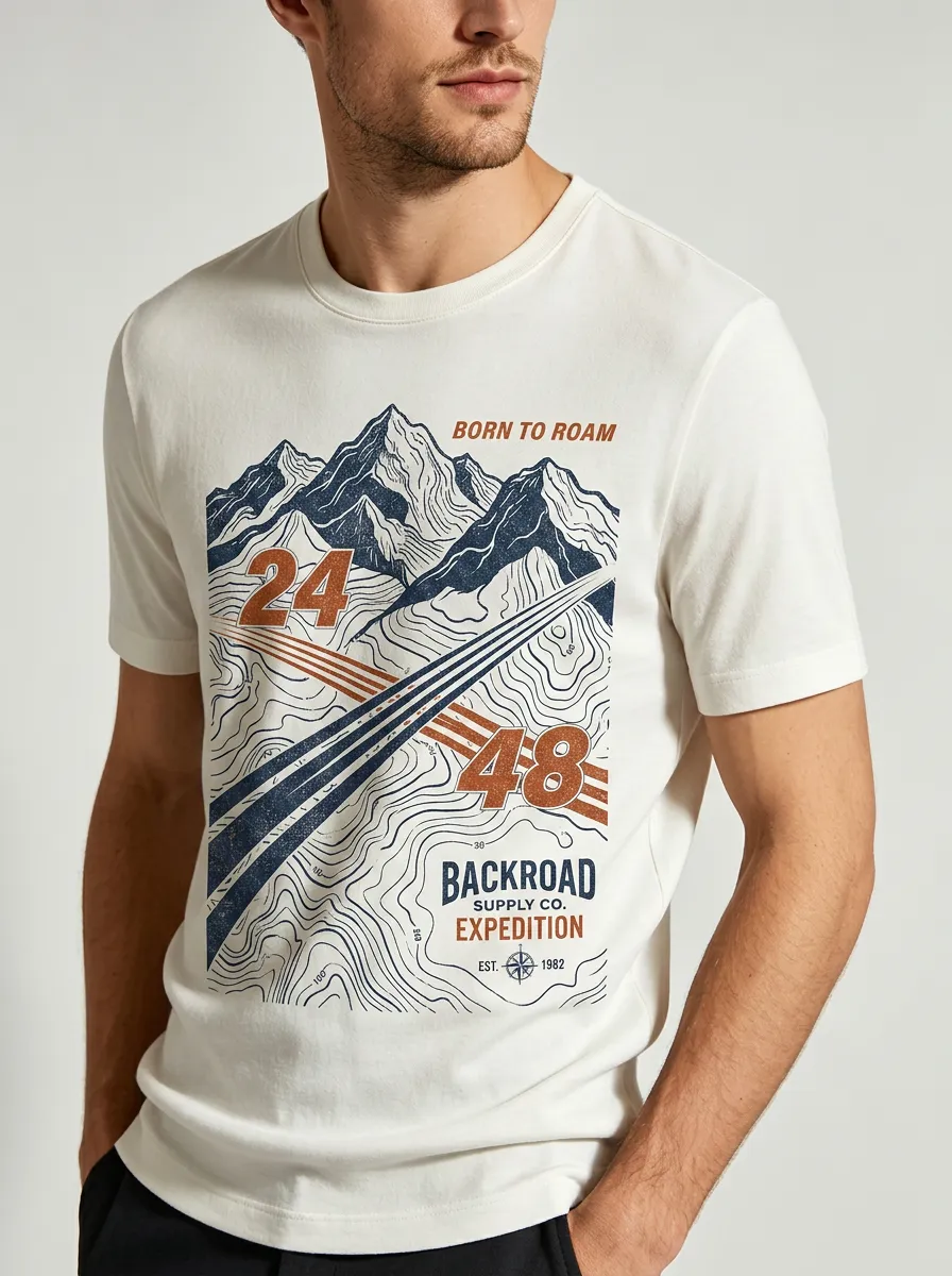 Men's Outdoor Adventure Mountain Topographic Printed T-shirt