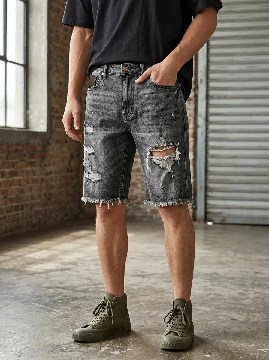 Men's Washed Five Pocket Raw Hem Denim Shorts