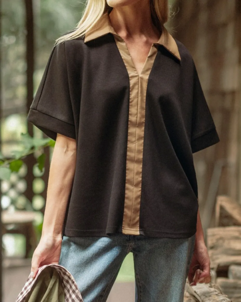 Leather Contrast Accent Top