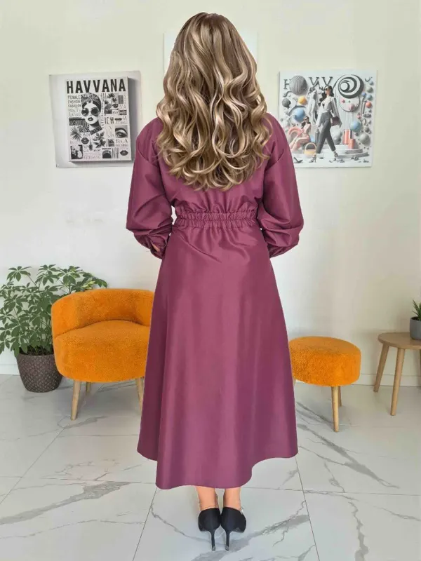 Elegant Collared Long Sleeve Flared Midi Dress