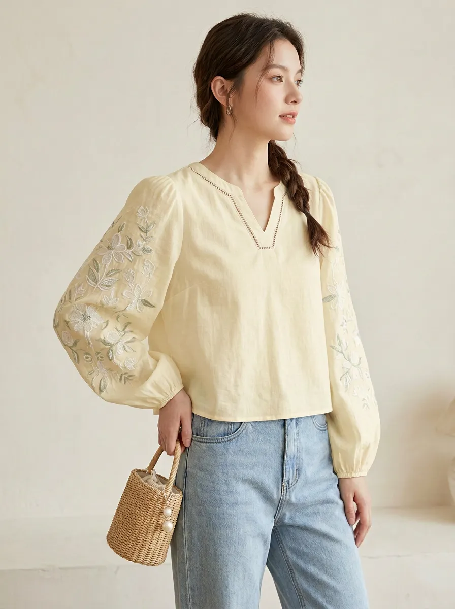 Embroidered Button-Front V-Neck Women's Puff-Sleeve Blouse
