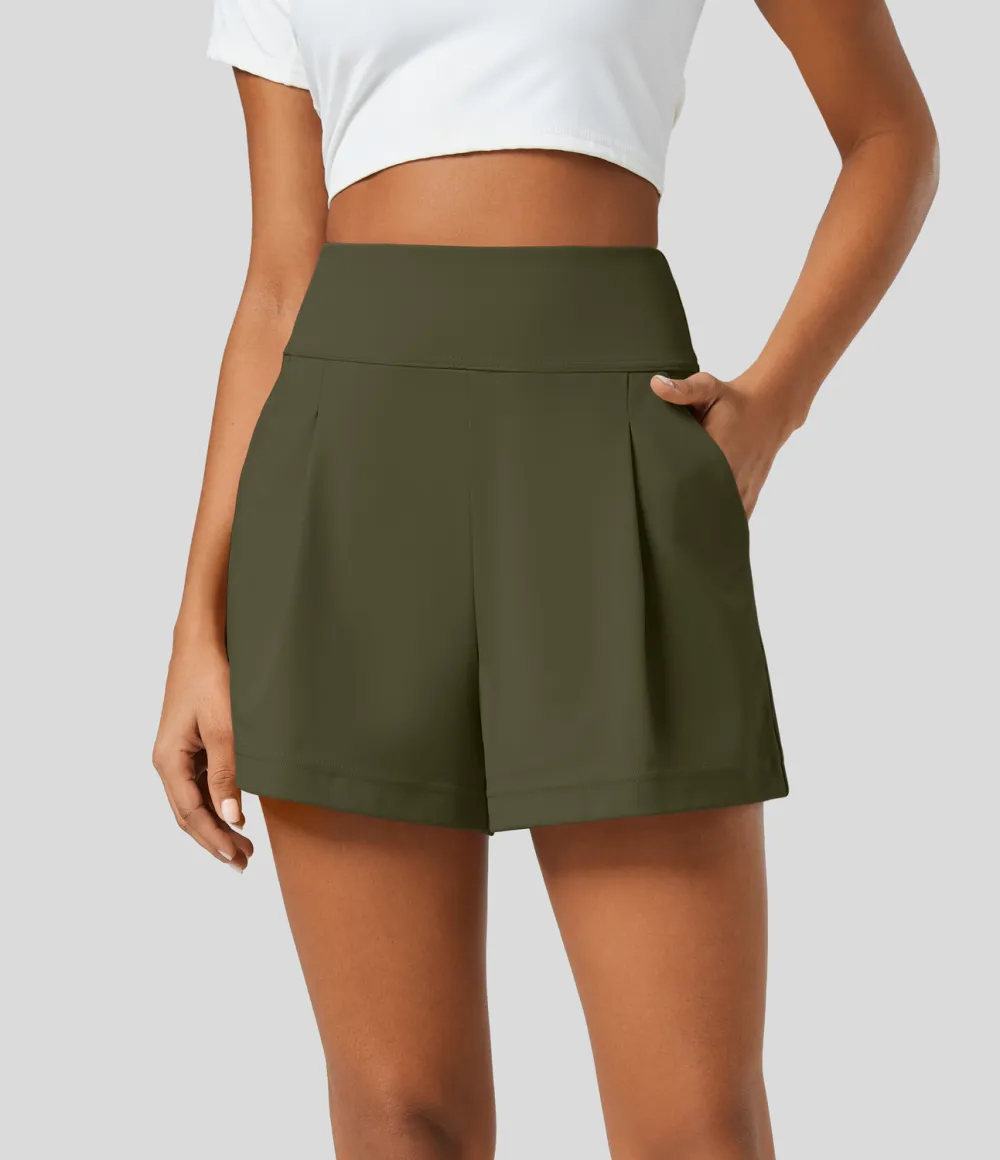 High Waisted Plicated Side Pocket Wide Leg Work Shorts