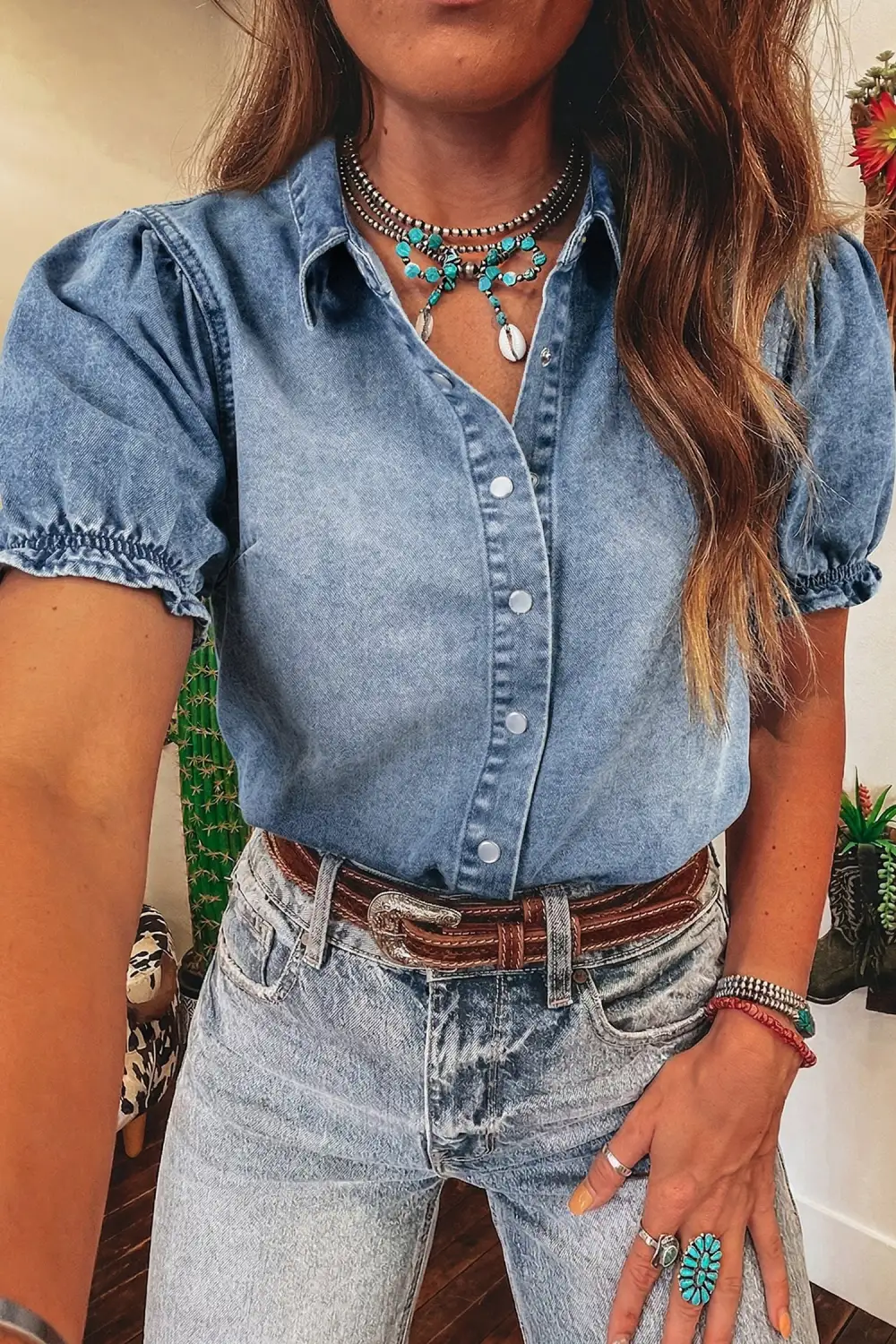 Women's Denim Short Sleeve Frilled Blouse
