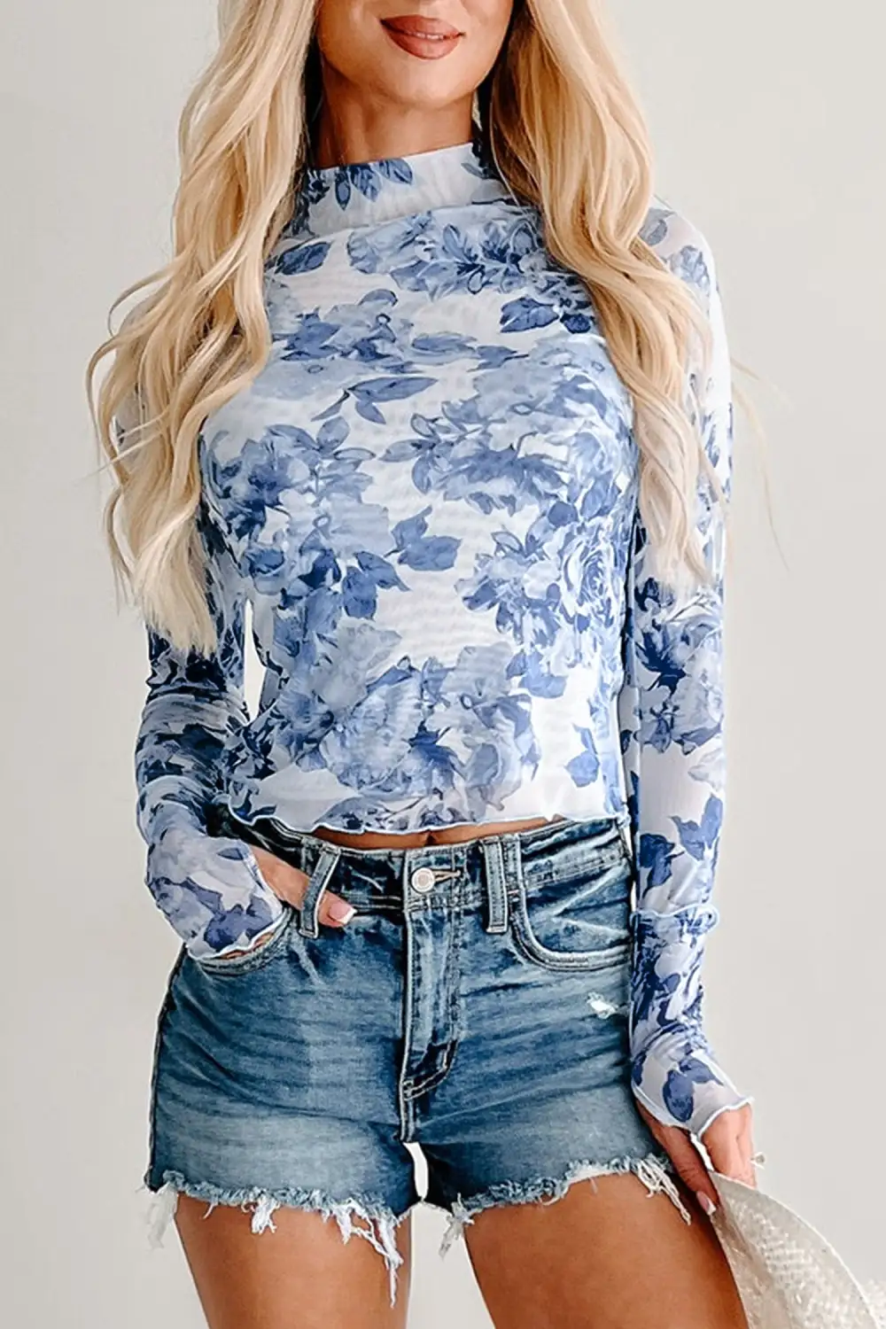 Floral Print Stand Neck Mesh Stretch Fabric Long Sleeve Top