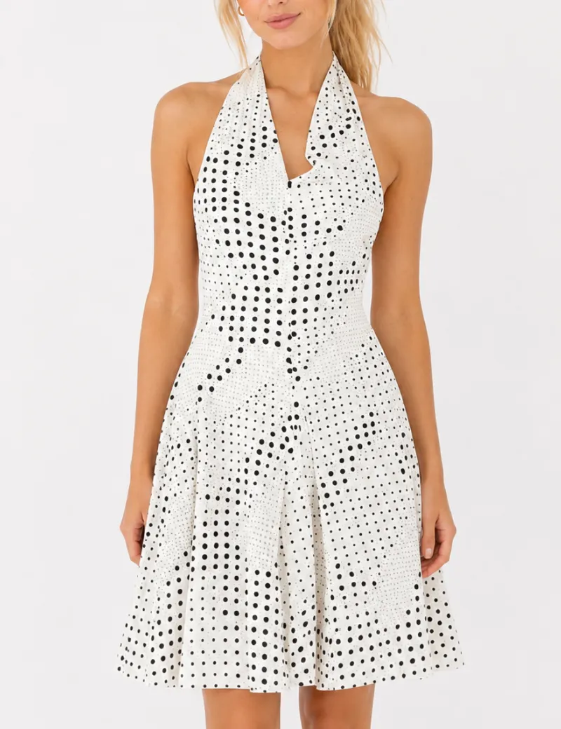 Chic Polka Dot Halter V Neck Sleeveless Mini Dress
