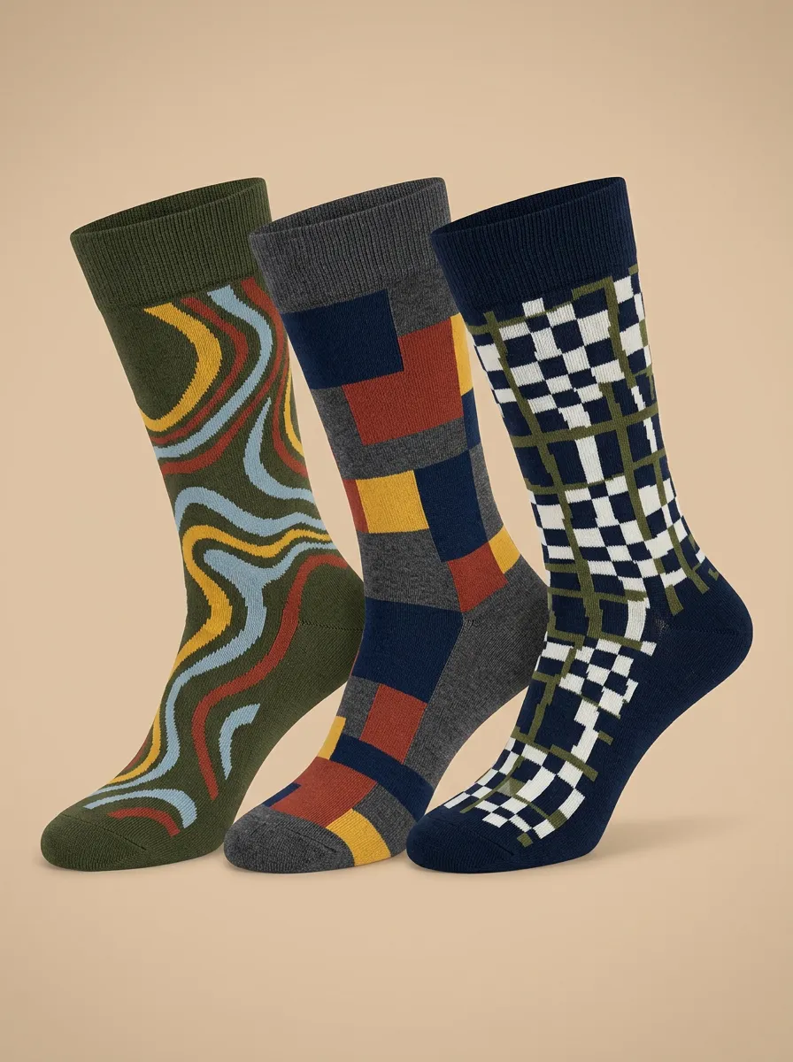 Men's Geometric Abstract Pattern Printed Three Pack Socks Linework Detail