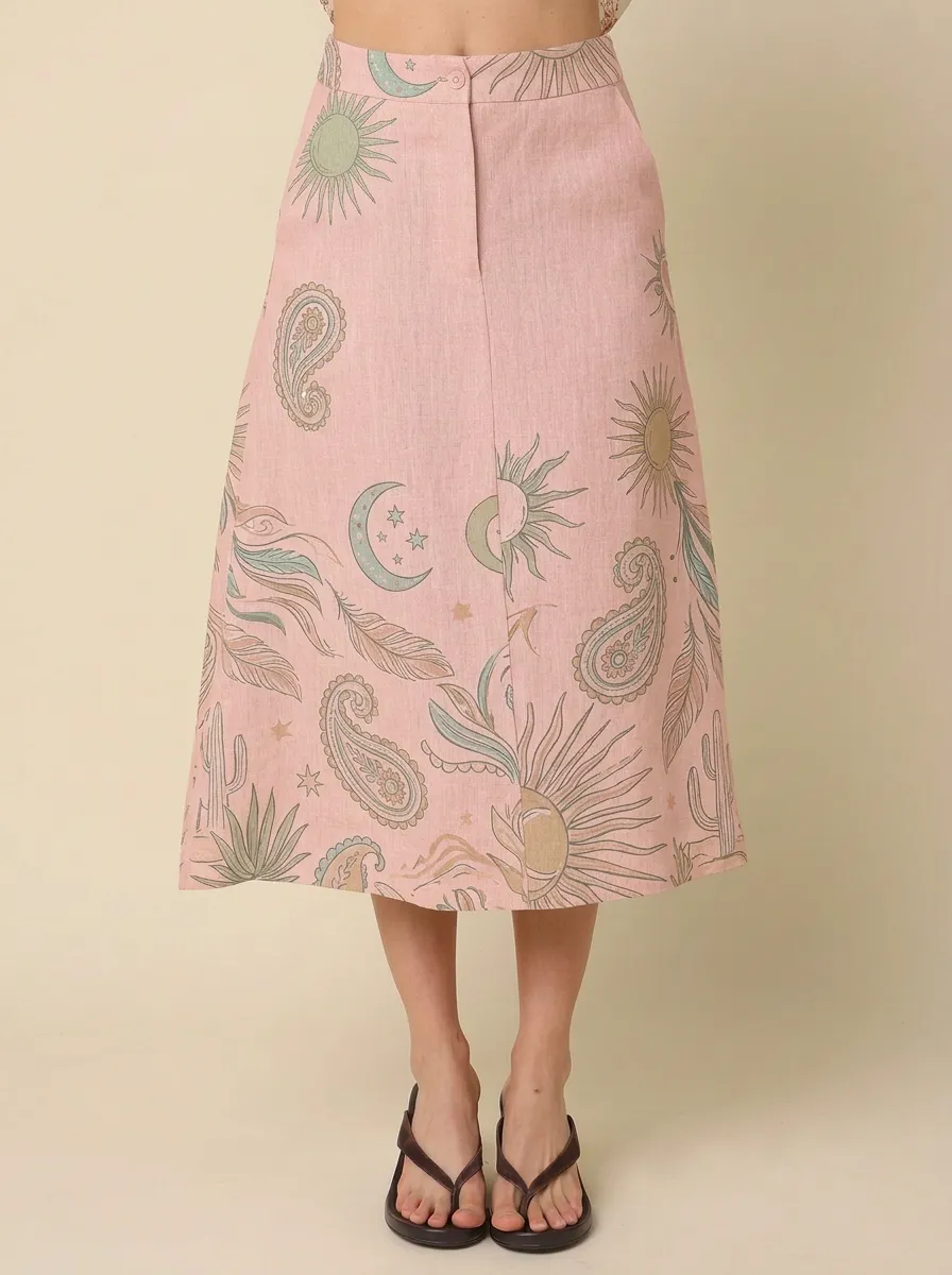 Women's Boho Celestial Paisley Sun Moon Printed Skirt