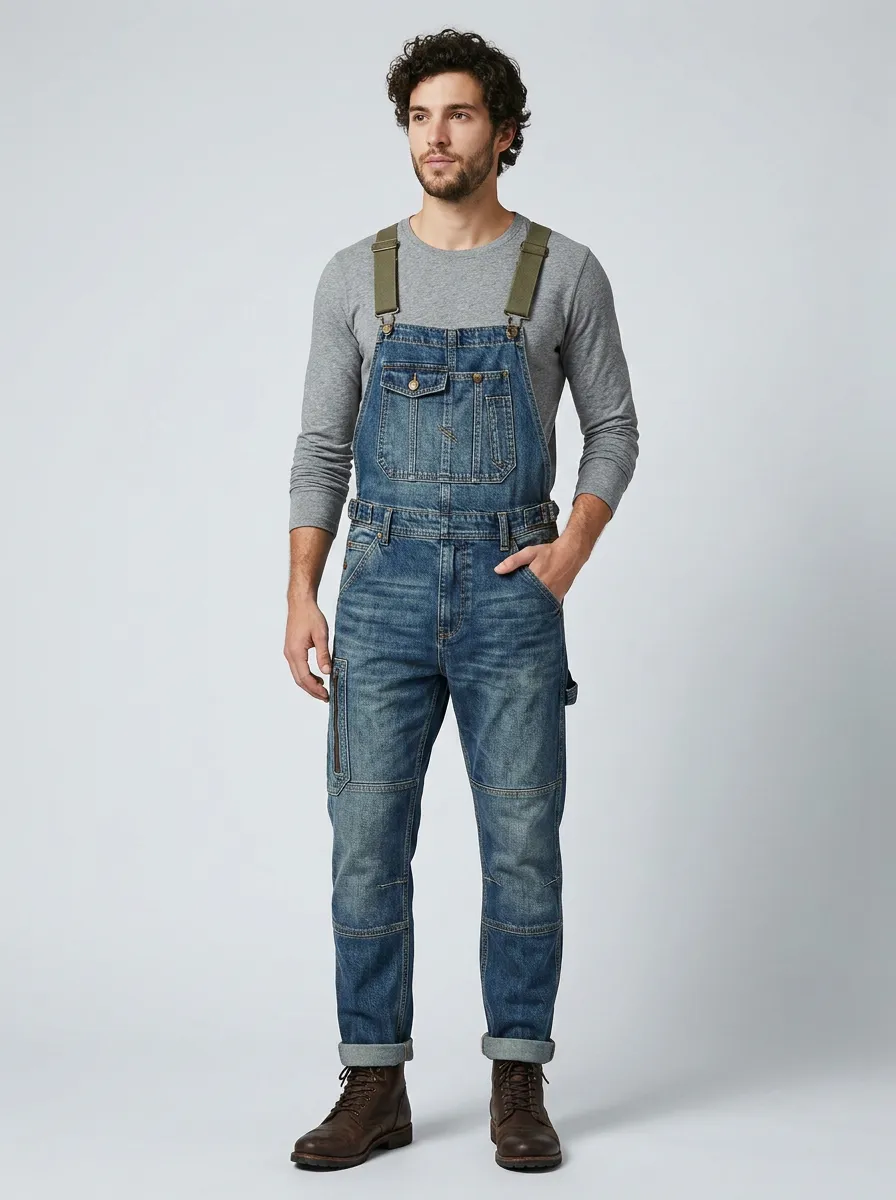 Men's Distressed Denim Bib Overalls for Casual Workwear