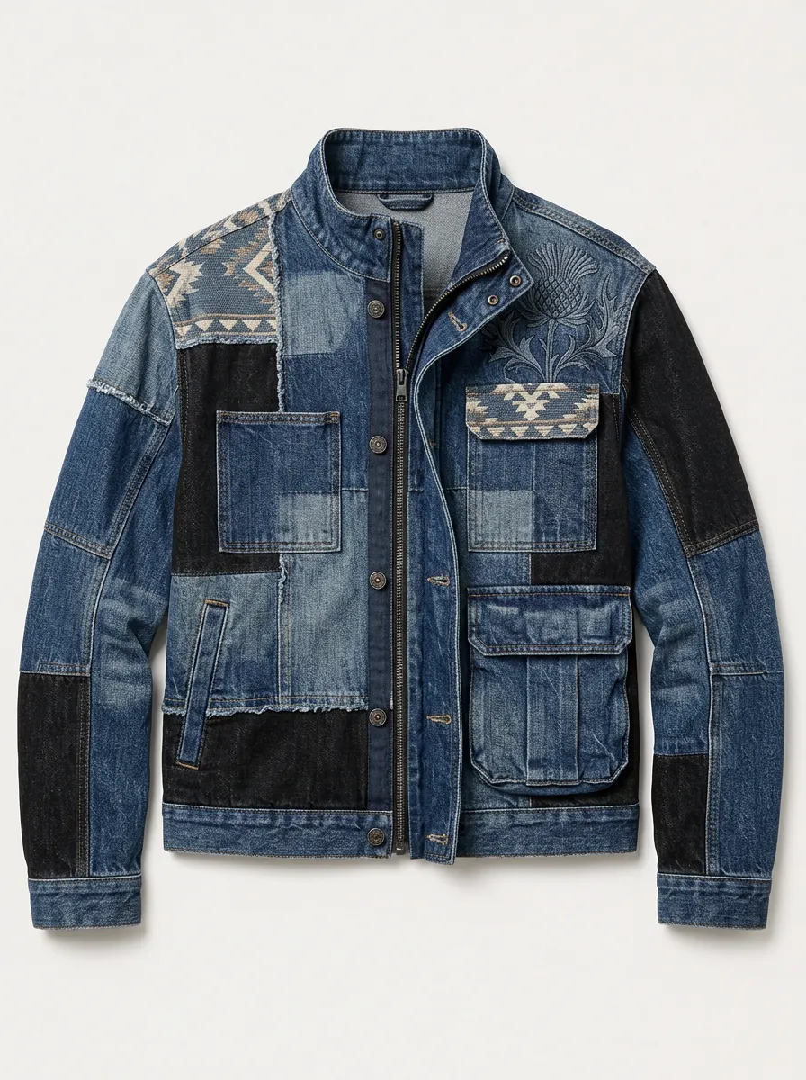 Men's Vintage Style Thistle Pattern Patchwork Printed Jacket