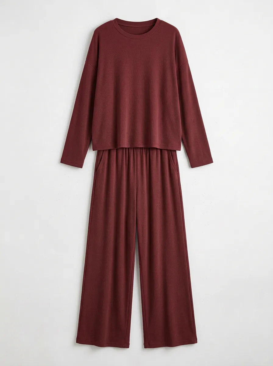 Women's Long-Sleeve Drop-Shoulder Crewneck Top And Wide-Leg Trouser Two-Piece Set