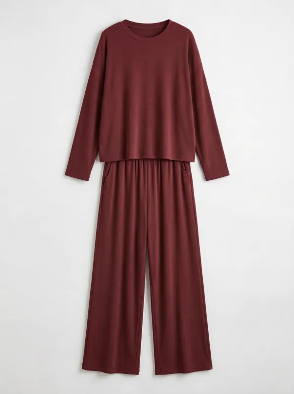 Women's Long-Sleeve Drop-Shoulder Crewneck Top And Wide-Leg Trouser Two-Piece Set