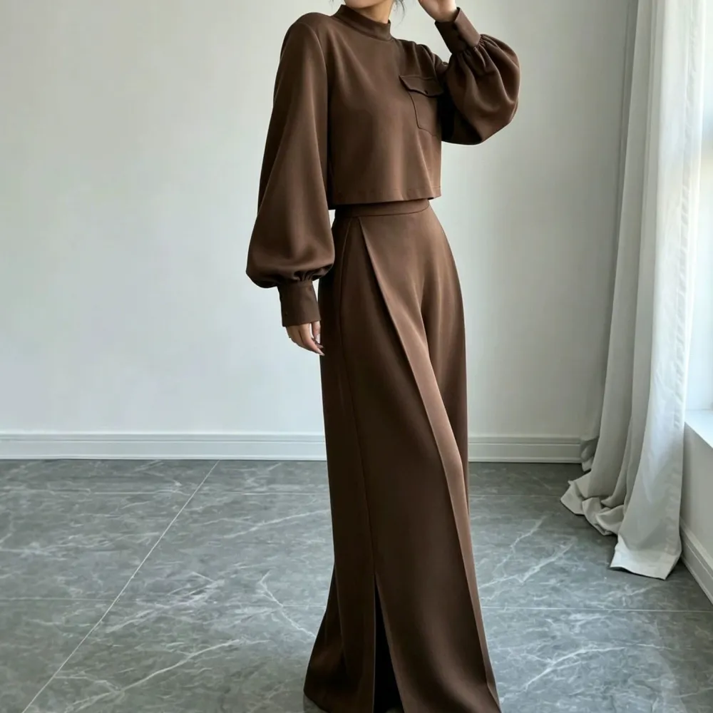 Wide-Leg Long-Sleeve Knit Women's Matching Set