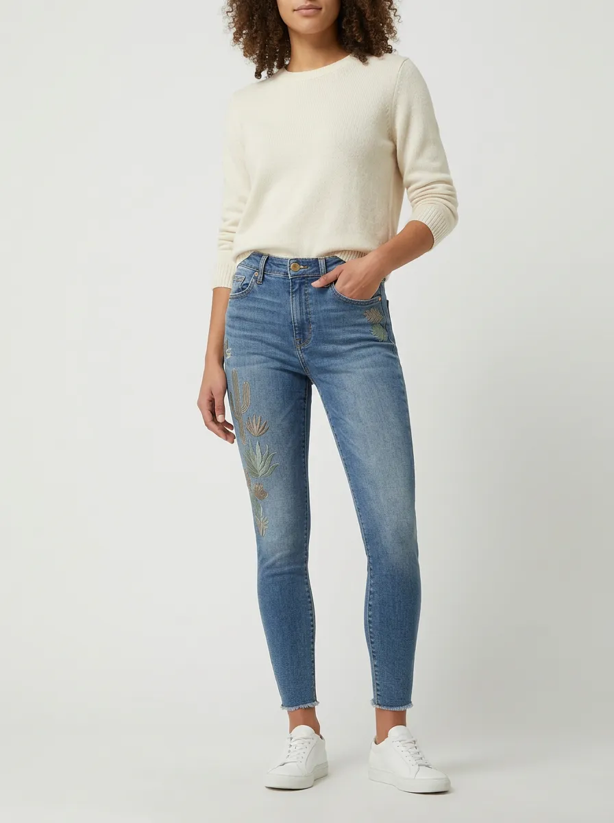 Women's Desert Lover Cactus Embroidered Printed Slim Jeans