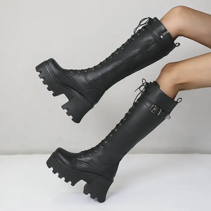 Thick Sole Knee-High Combat Boots