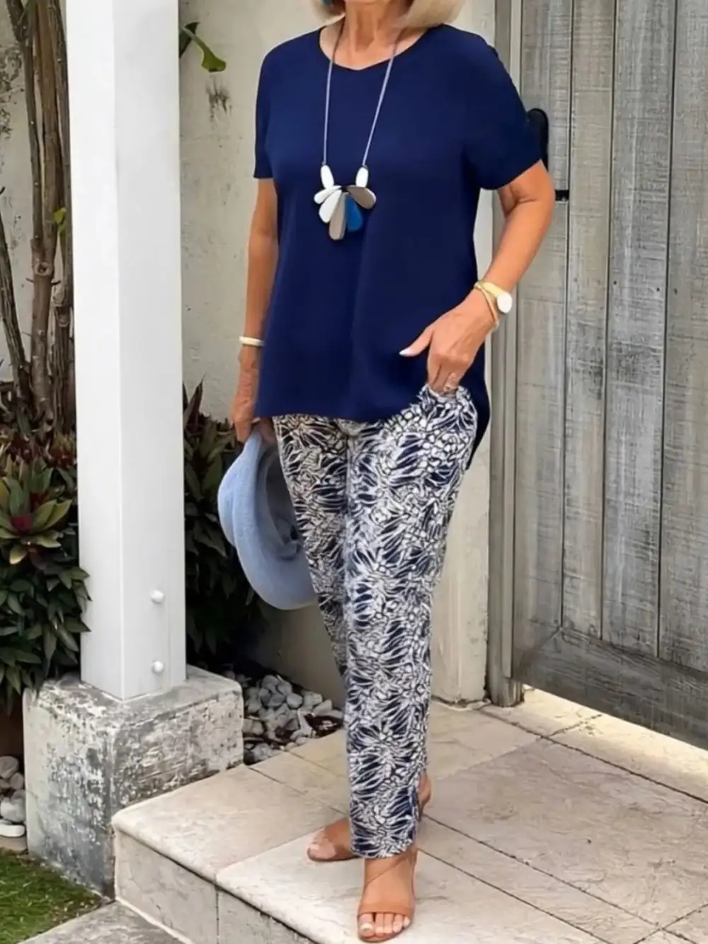 Full Size Round Neck Short Sleeve Top and Pants Set Plus Size Available