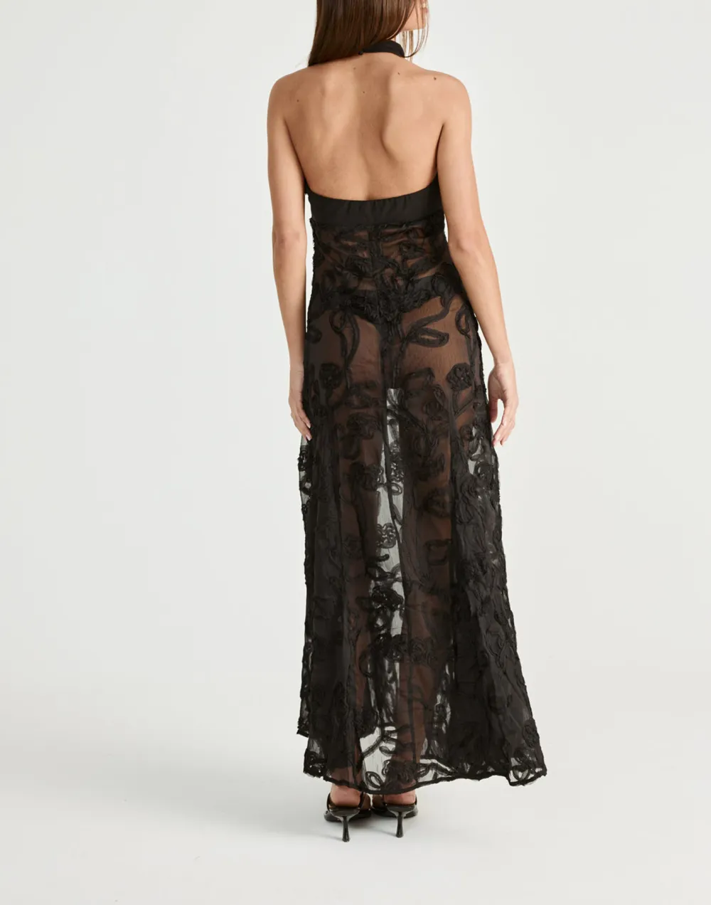 Fashion Floral Textured Open Back High Neck Dress