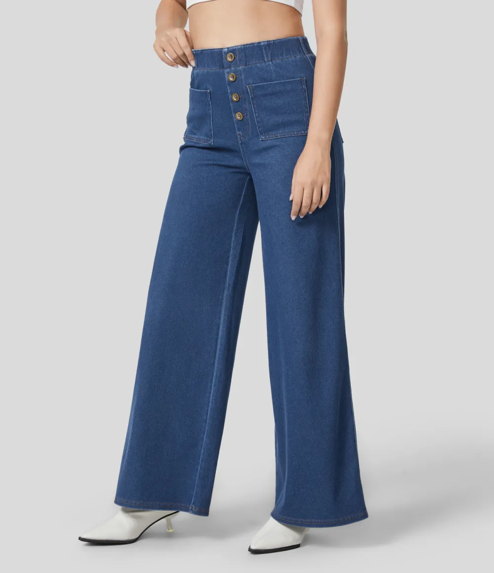 Magic High Waisted Button Multiple Pockets Washed Stretchy Knit Casual Wide Leg Full Length Jeans
