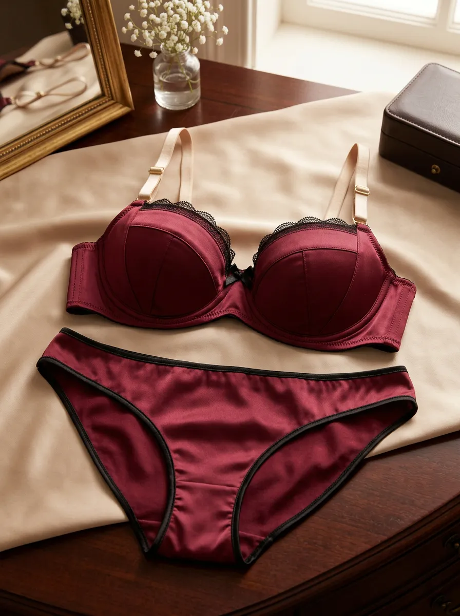Women's Satin Lace Trimmed Satin Bow Detail Lingerie Set