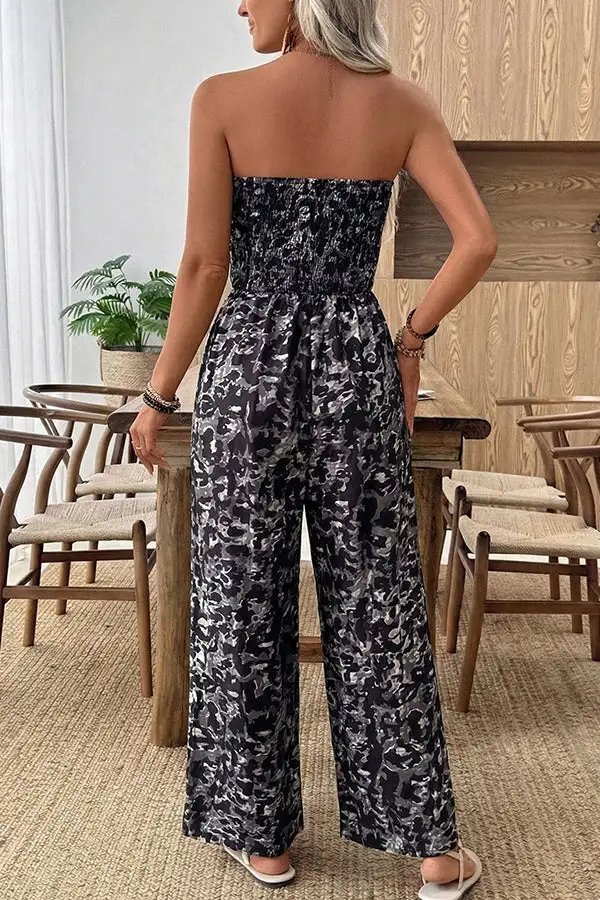 Leopard Print Smocked Bandeau Casual Jumpsuit