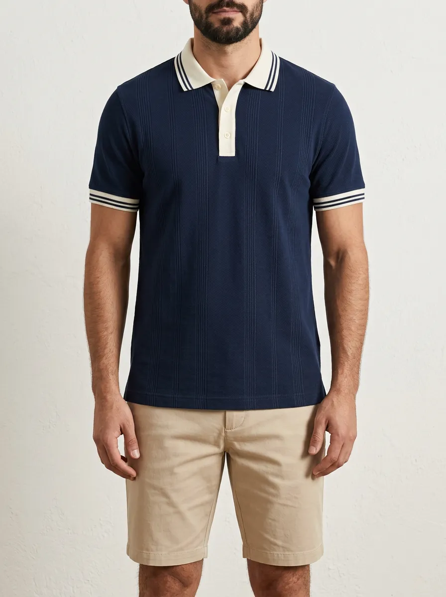 Men's Vintage Style Navy Striped Contrast Collar Polo Shirt