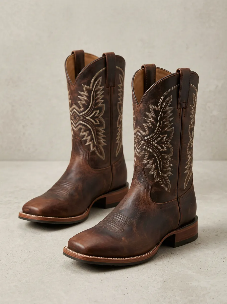 Men's Western Cowboy Embroidered Brown Leather Cowboy Boots