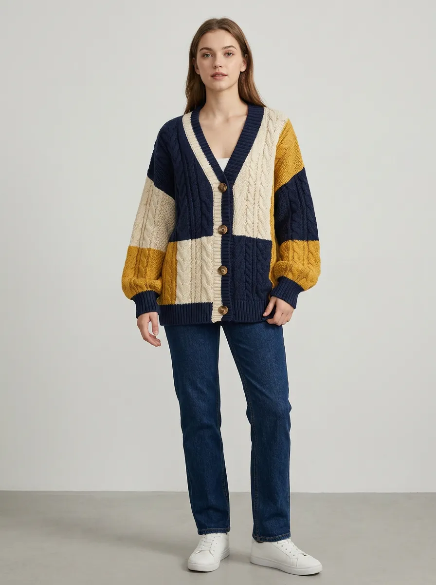 Women's Multi-Color Colorblock Cable Knit Cardigan V-Neck