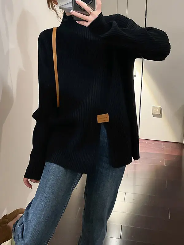 Split Front Mock Neck Long Sleeve Relaxed Fit Pullover Sweater