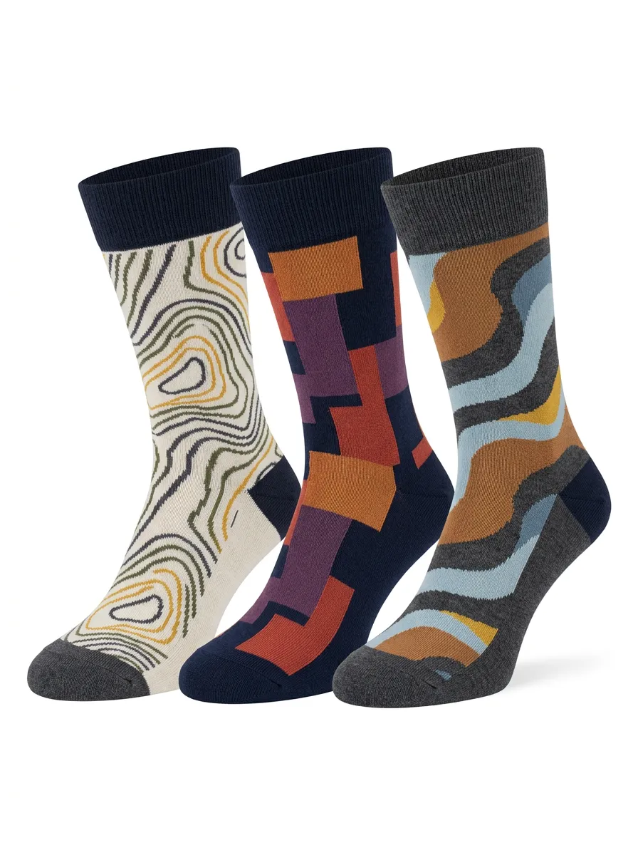 Men's Abstract Geometric Topographic Printed Three Pack Socks Artful Pattern