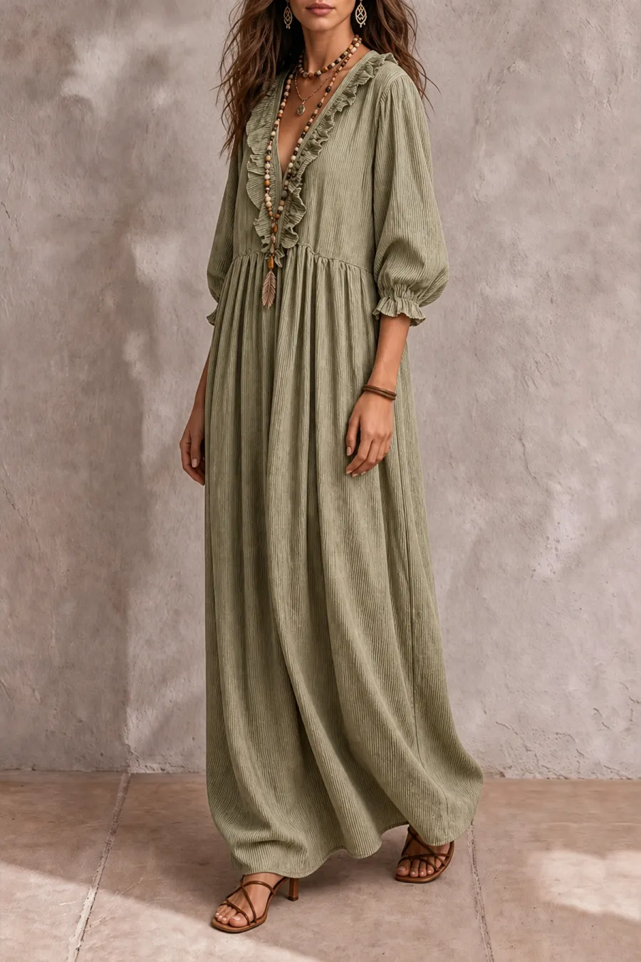 Classic Plunge Neck Striped Maxi Dress