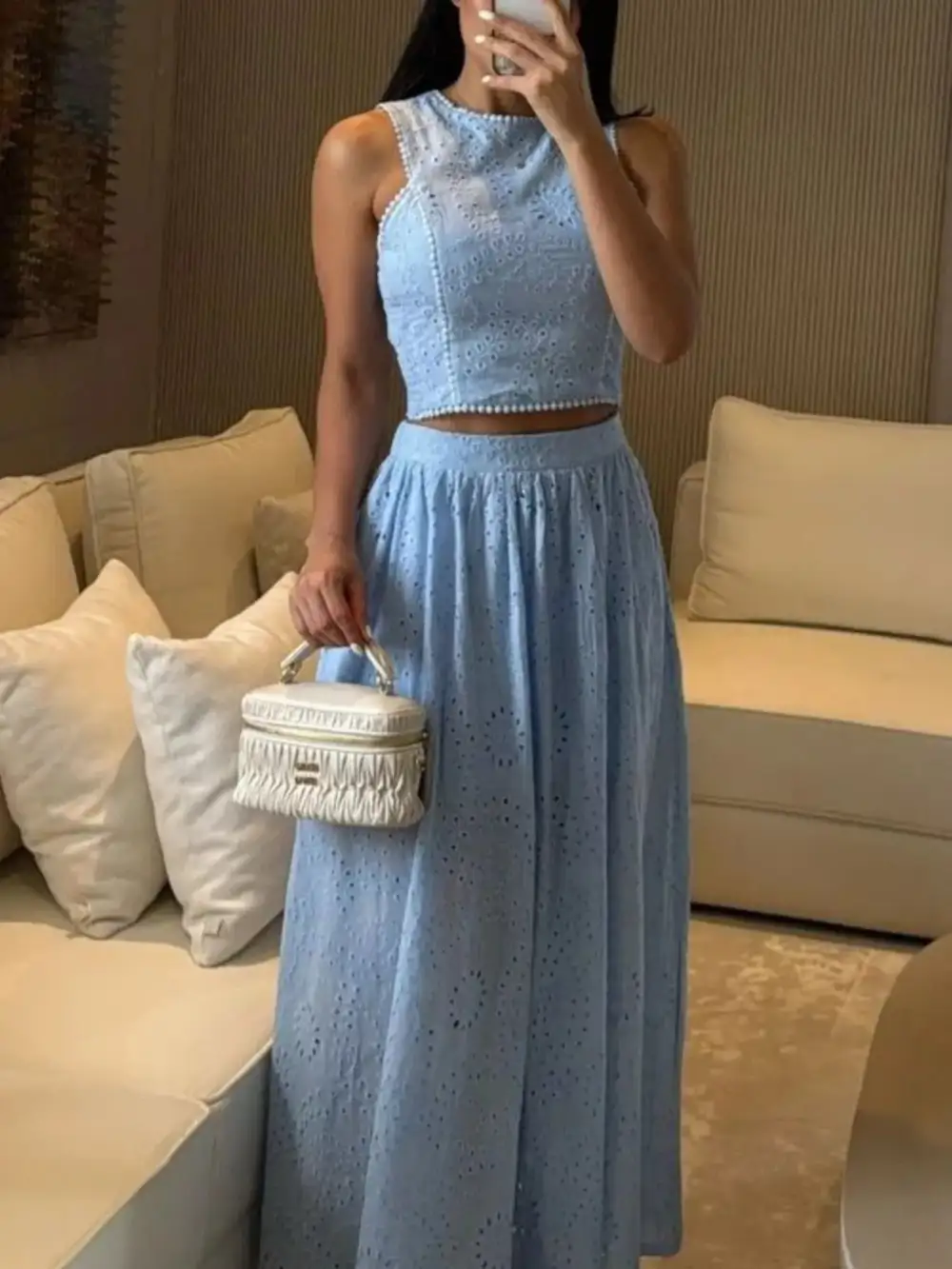 Cropped Eyelet Coordinated Set