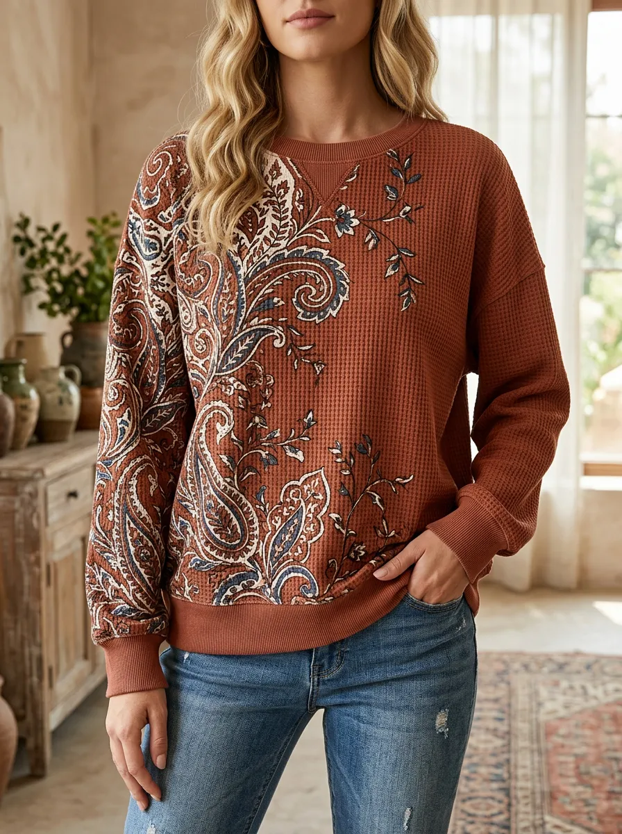 Women's Boho Paisley Floral Waffle Knit Illustrated Crewneck Sweatshirt