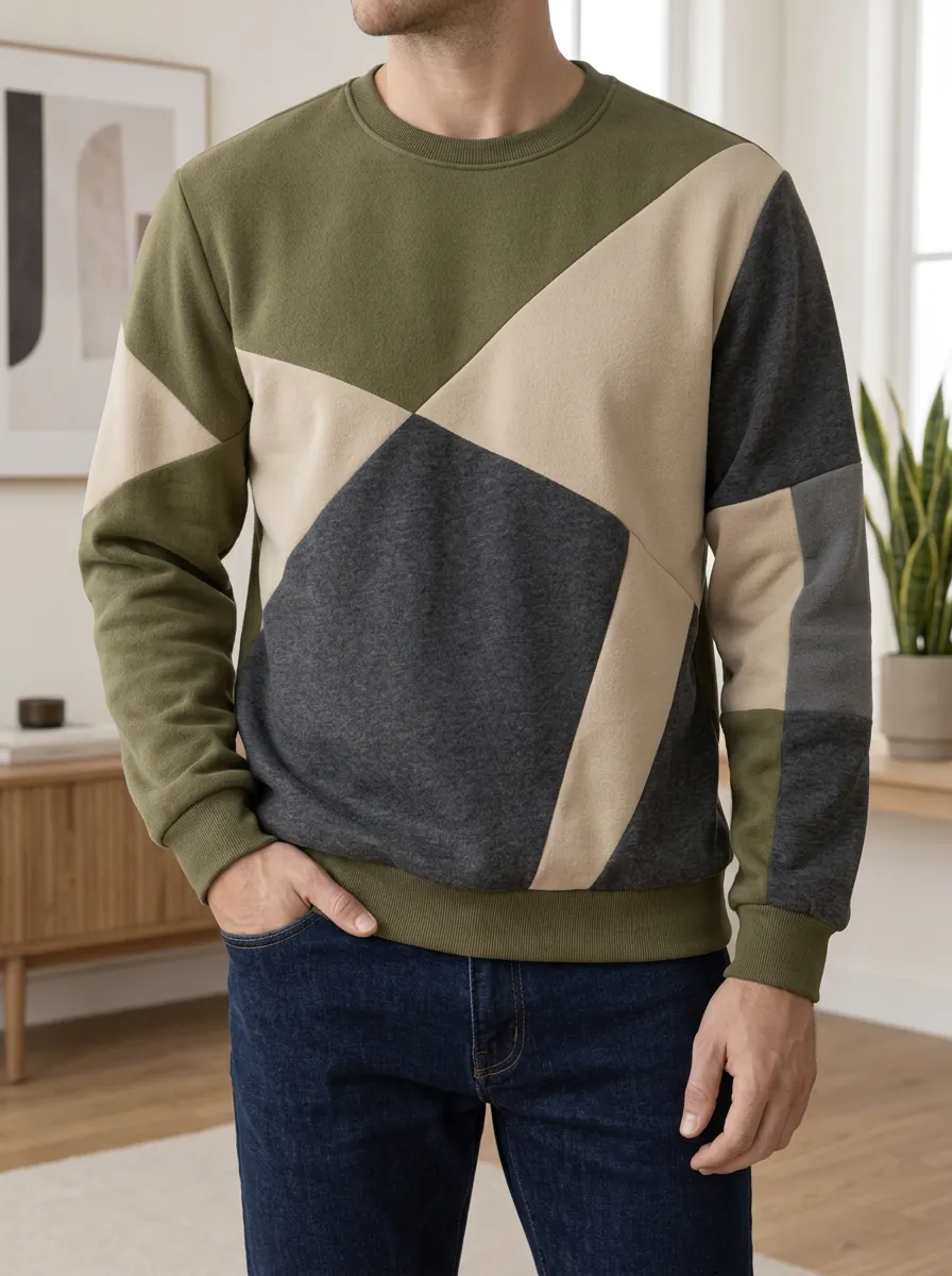 Men's Multi-Color Geometric Panel Crewneck Sweatshirt Hiking