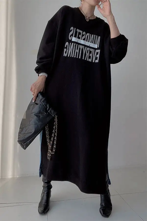 Letter Print Denim Patchwork Midi Dress