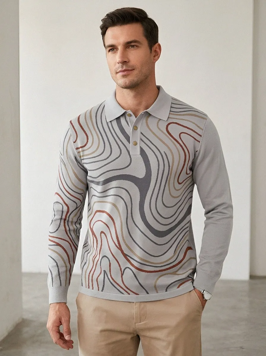 Men's Abstract Swirl Pattern Printed Long Sleeve Polo Shirt