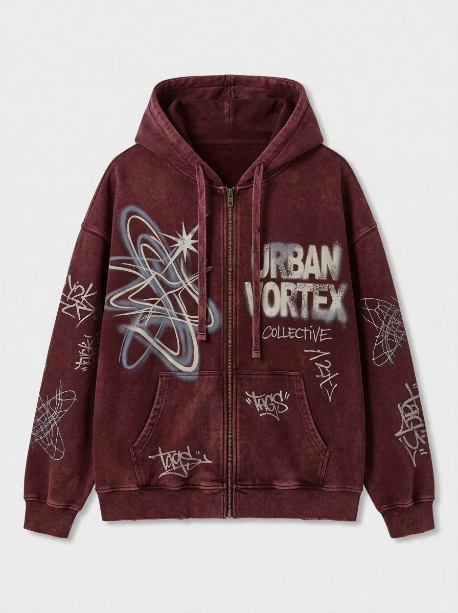 Unisex Streetwear Urban Vortex Graffiti Printed Zip-up Hoodie