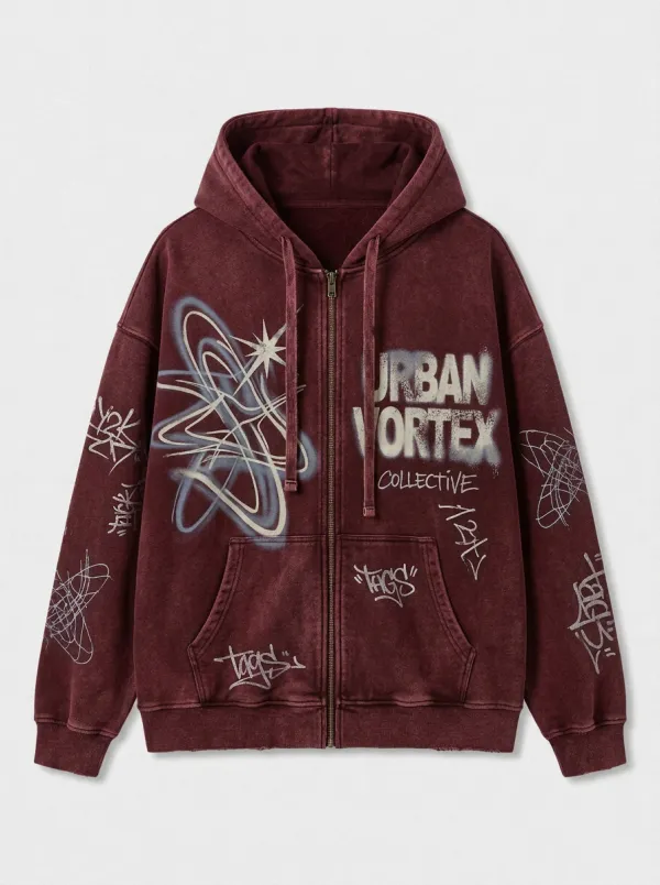 Unisex Streetwear Urban Vortex Graffiti Printed Zip-up Hoodie