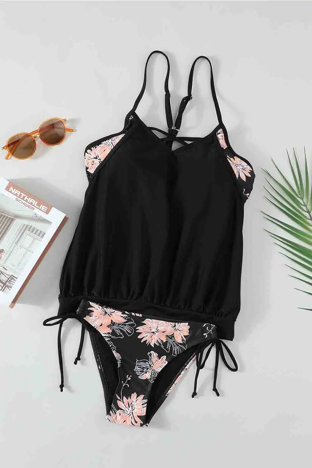 Swimwear Strappy Criss Cross Back Tankini Top with Bikini Bottom Bathing Suits