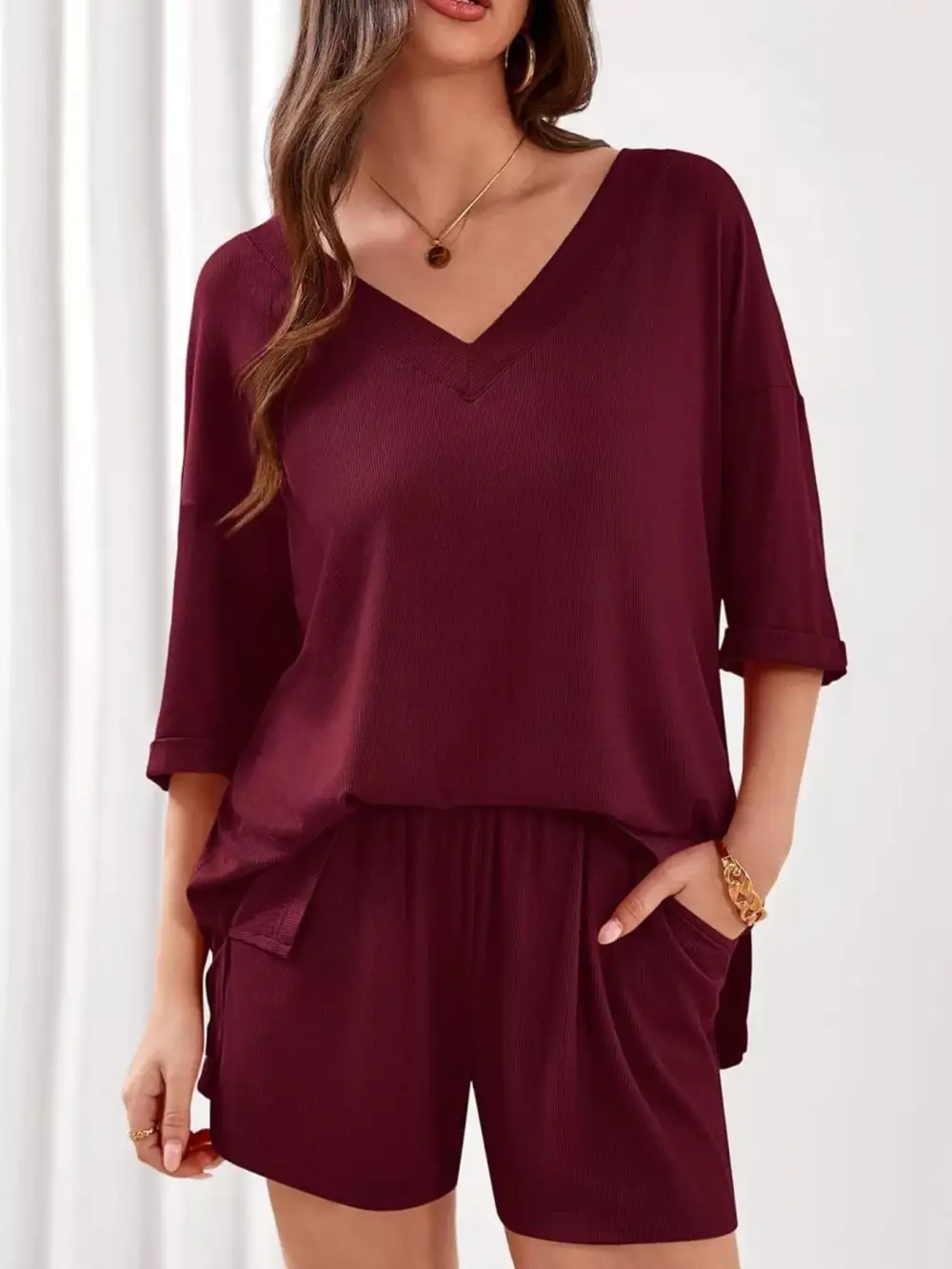 Casual Solid Color V Neck Top and Shorts Set