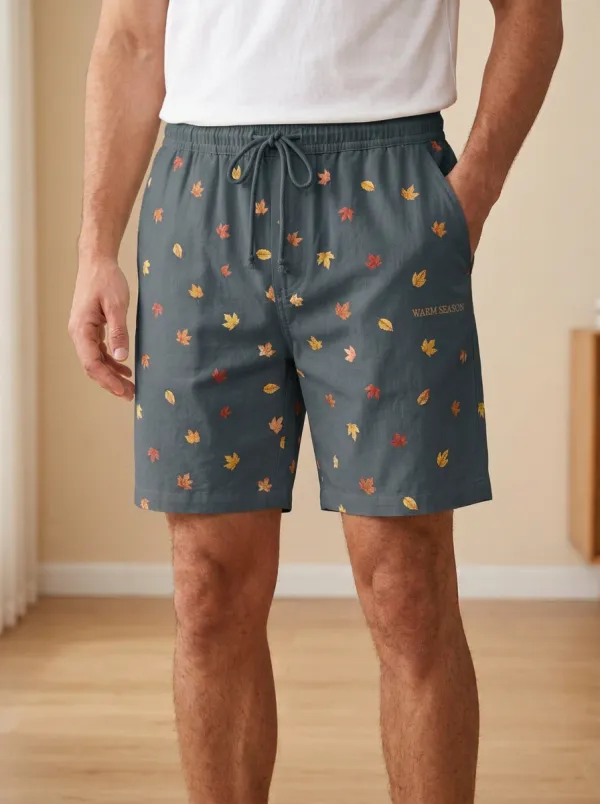 Off- Maple Leaf Print Drawstring Drawstring Shorts